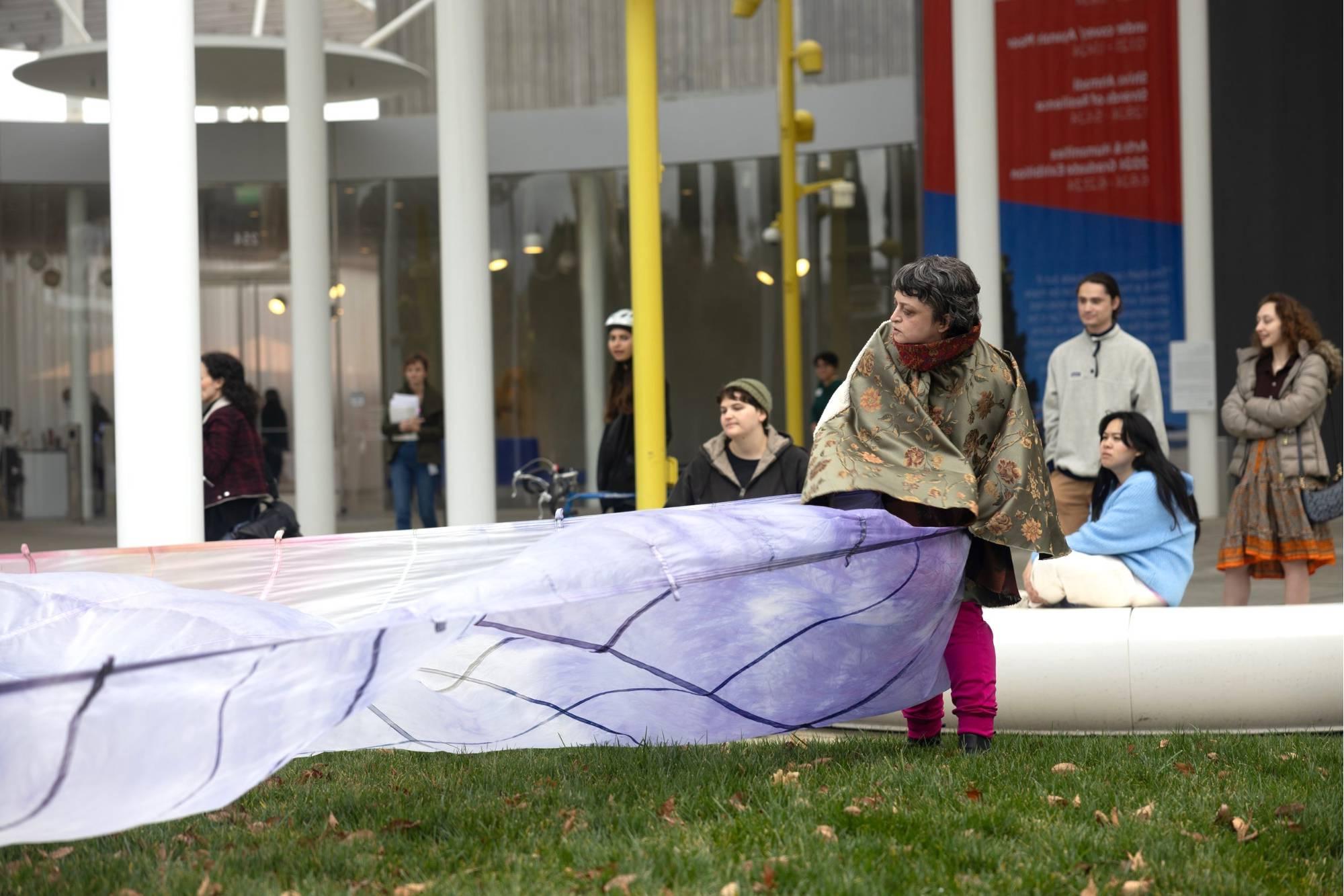 Performance in front of building where a person is pulling a large light purple leaf-like surface.